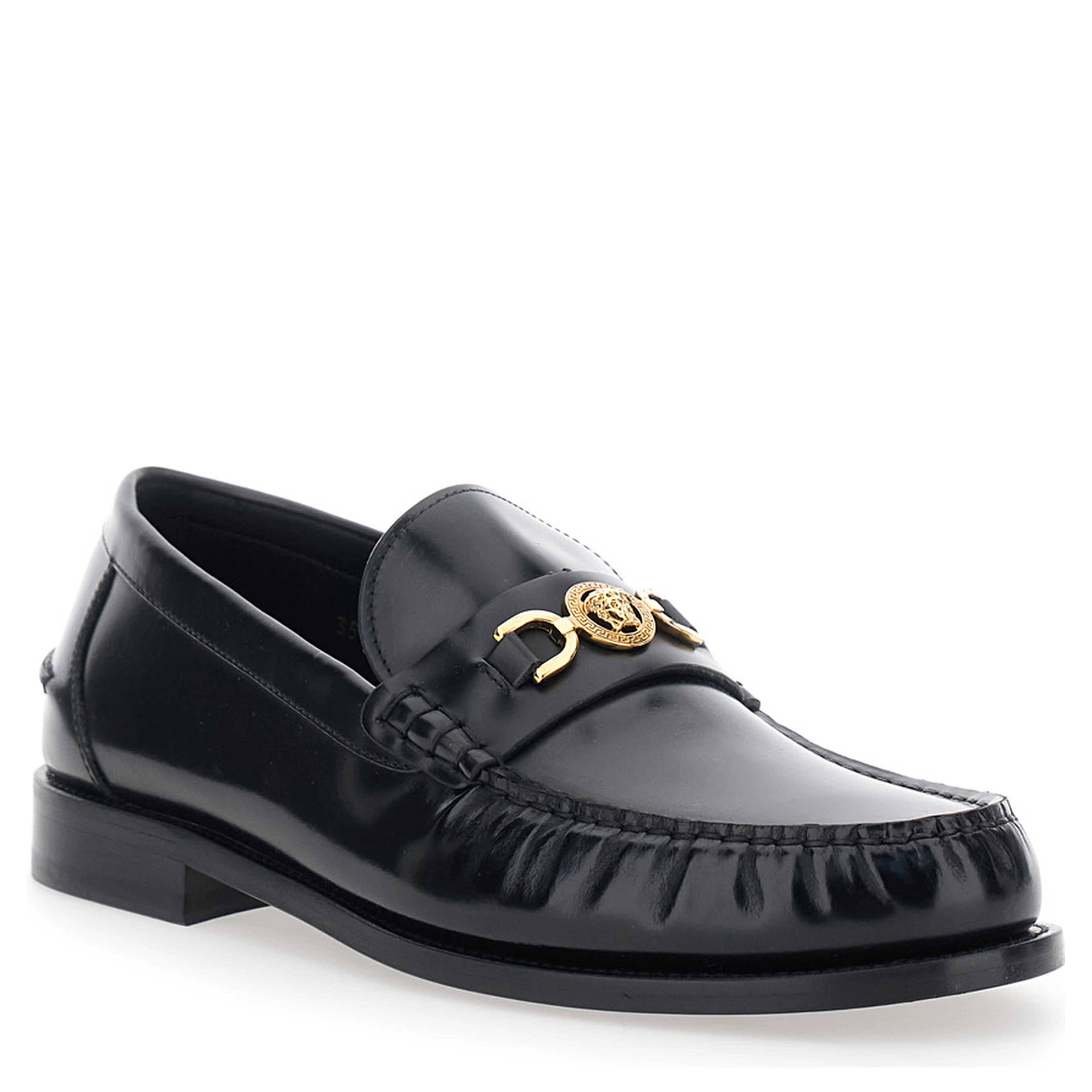 Loafers with Metallic Medusa Head Detail in Black Leather for Men