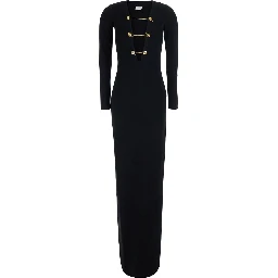 Black Long Dress with Deep V-Neck and Chain Detail on the Front in Viscose Blend Stretch for Women