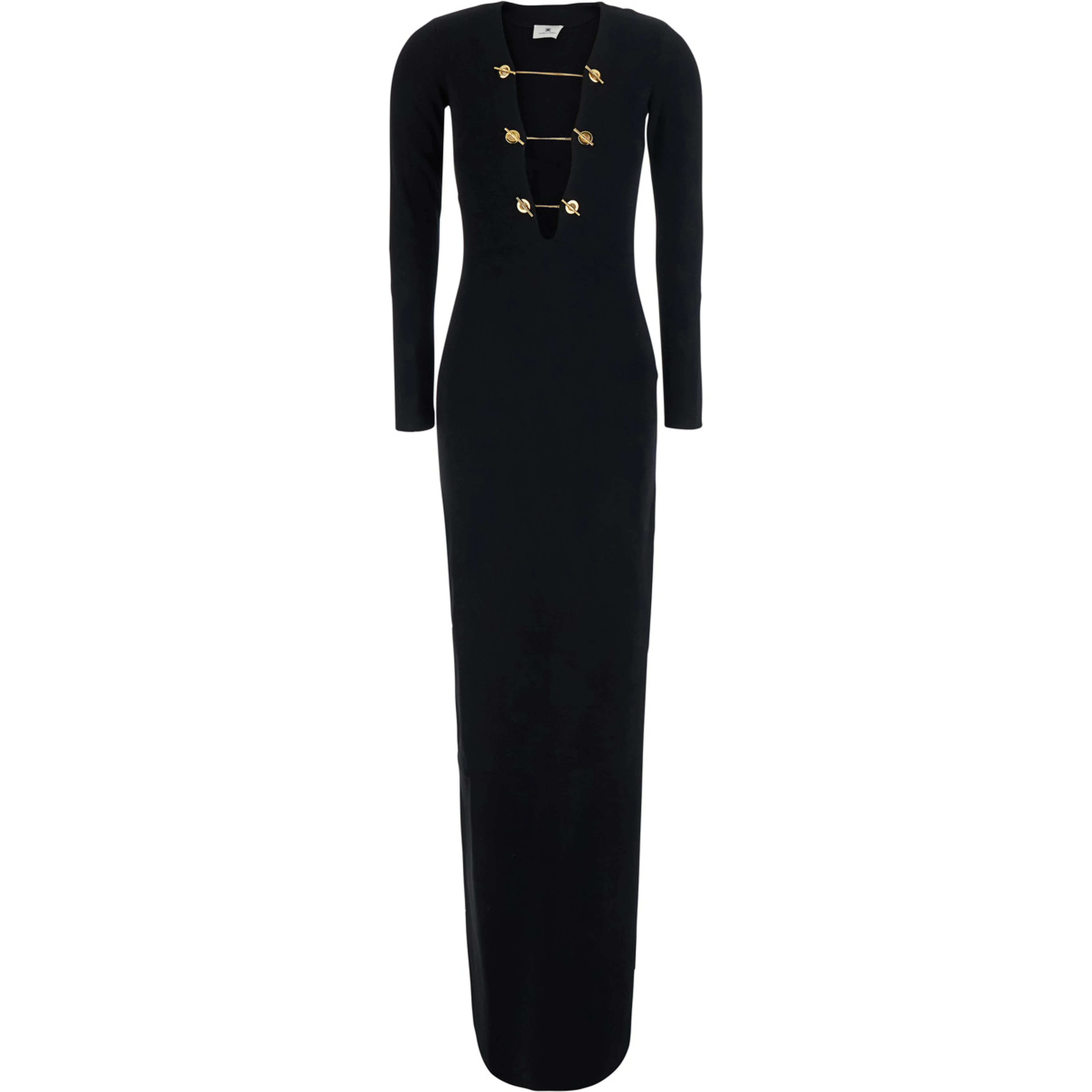 Black Long Dress with Deep V-Neck and Chain Detail on the Front in Viscose Blend Stretch for Women