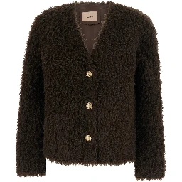 Brown V-neck cardigan with long-sleeve in faux fur for women