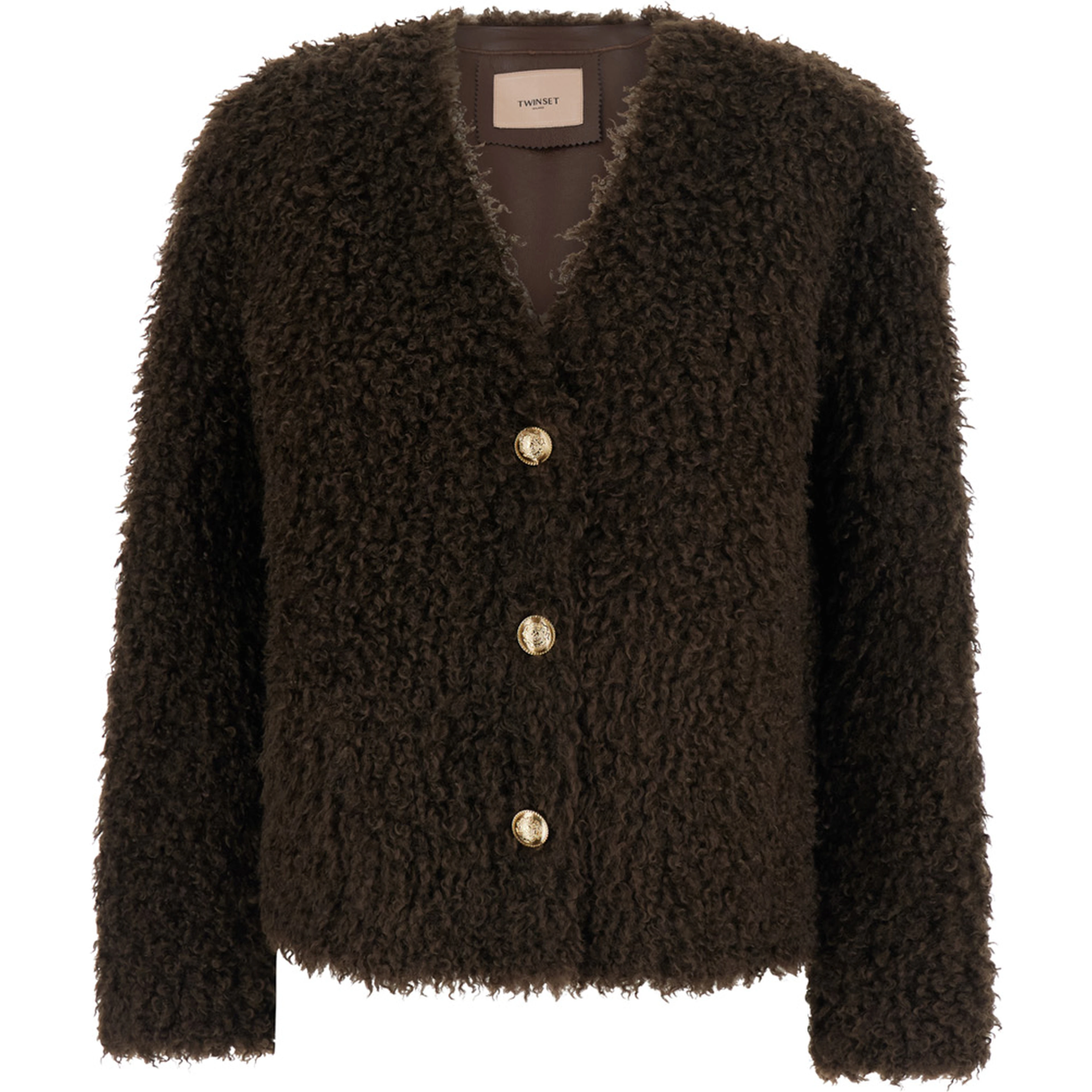 Brown V-neck cardigan with long-sleeve in faux fur for women