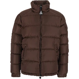 Brown Down jacket Maya with removable hood and logo patch on the sleeve in tech fabric for men