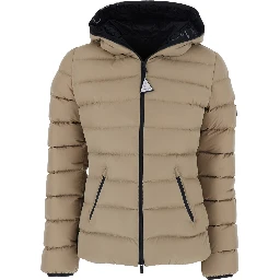 Herbes Beige Down jacket with hood and logo patch on the sleeve in Tech Fabric for women