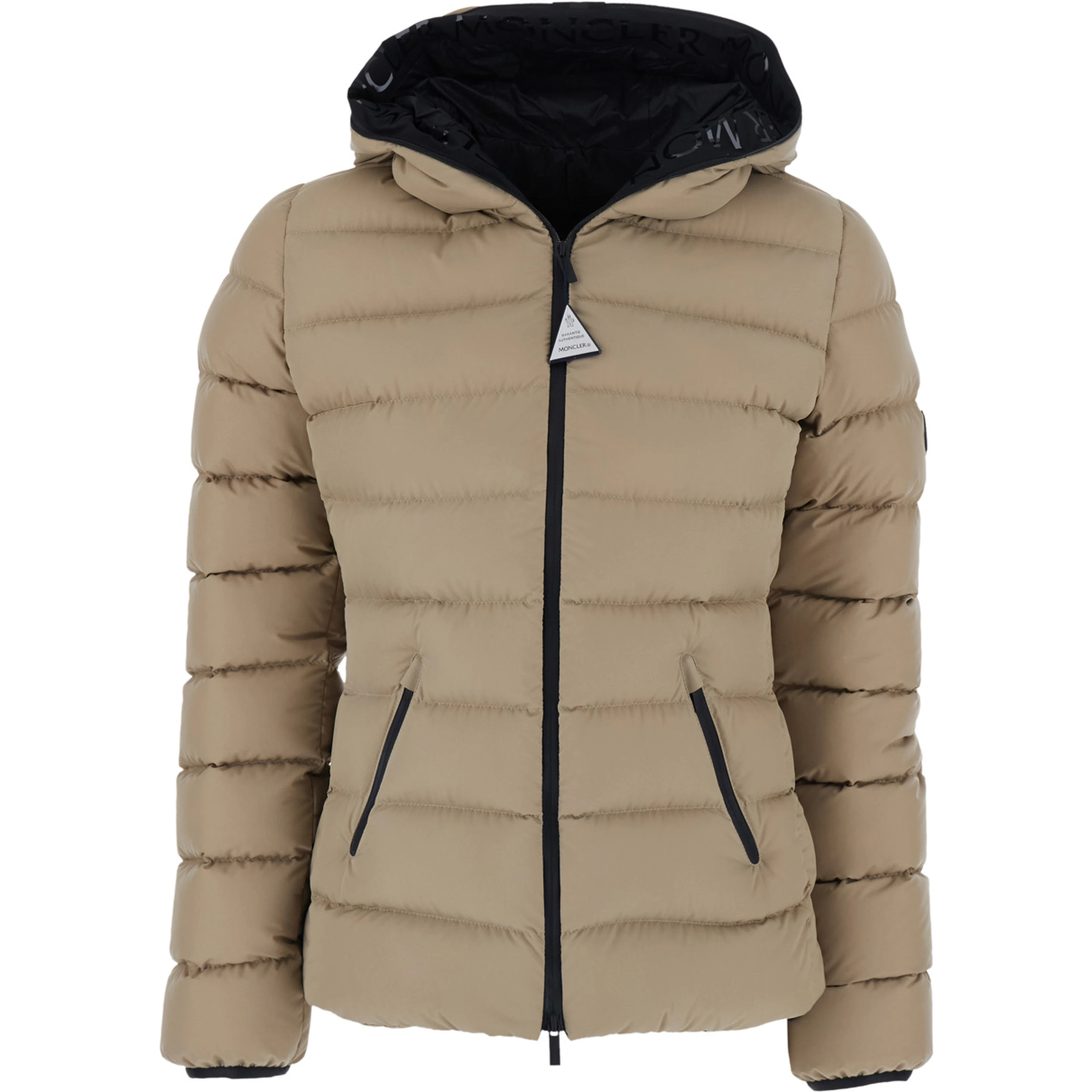 Herbes Beige Down jacket with hood and logo patch on the sleeve in Tech Fabric for women
