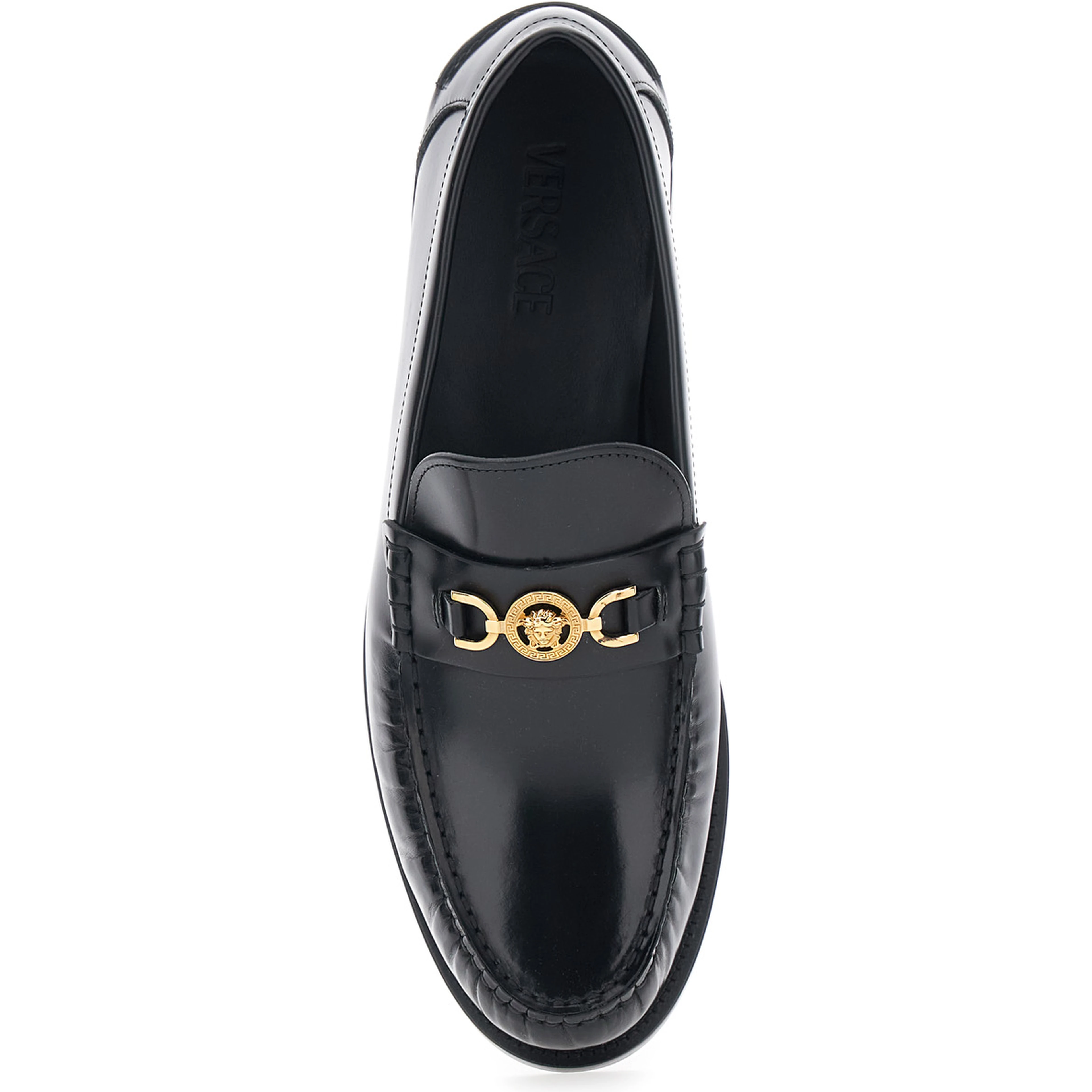Loafers with Metallic Medusa Head Detail in Black Leather for Men