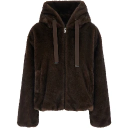 brown Shearling with zip closure and drawstring hood in eco-fur for women