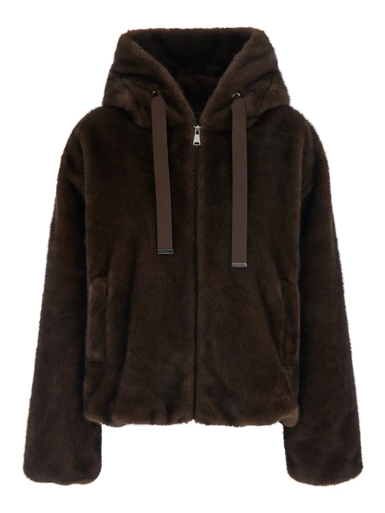 brown Shearling with zip closure and drawstring hood in eco-fur for women