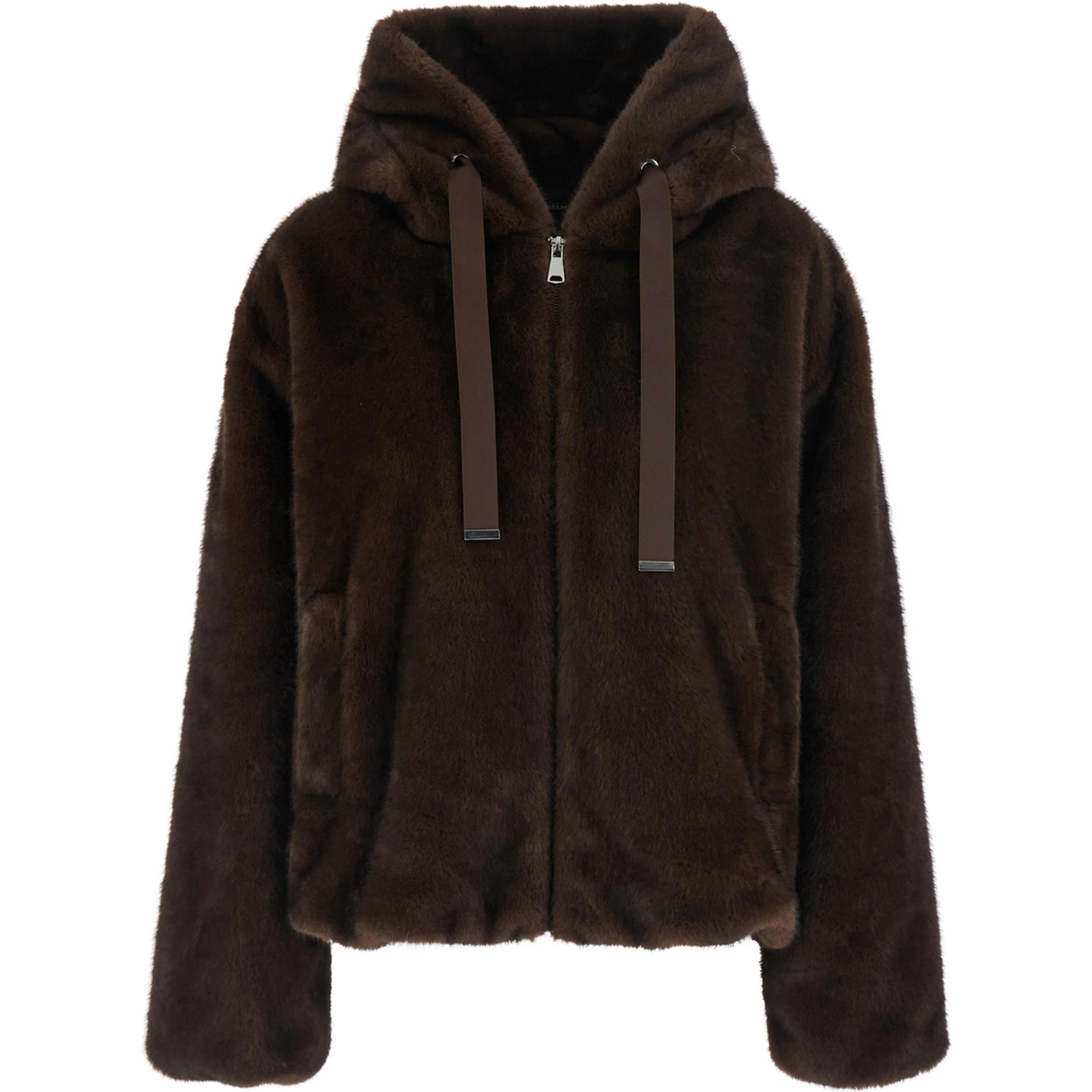 brown Shearling with zip closure and drawstring hood in eco-fur for women