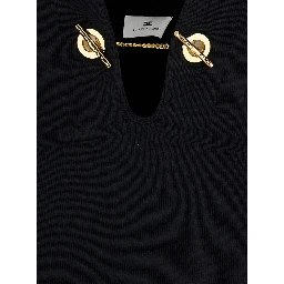 Black Long Dress with Deep V-Neck and Chain Detail on the Front in Viscose Blend Stretch for Women
