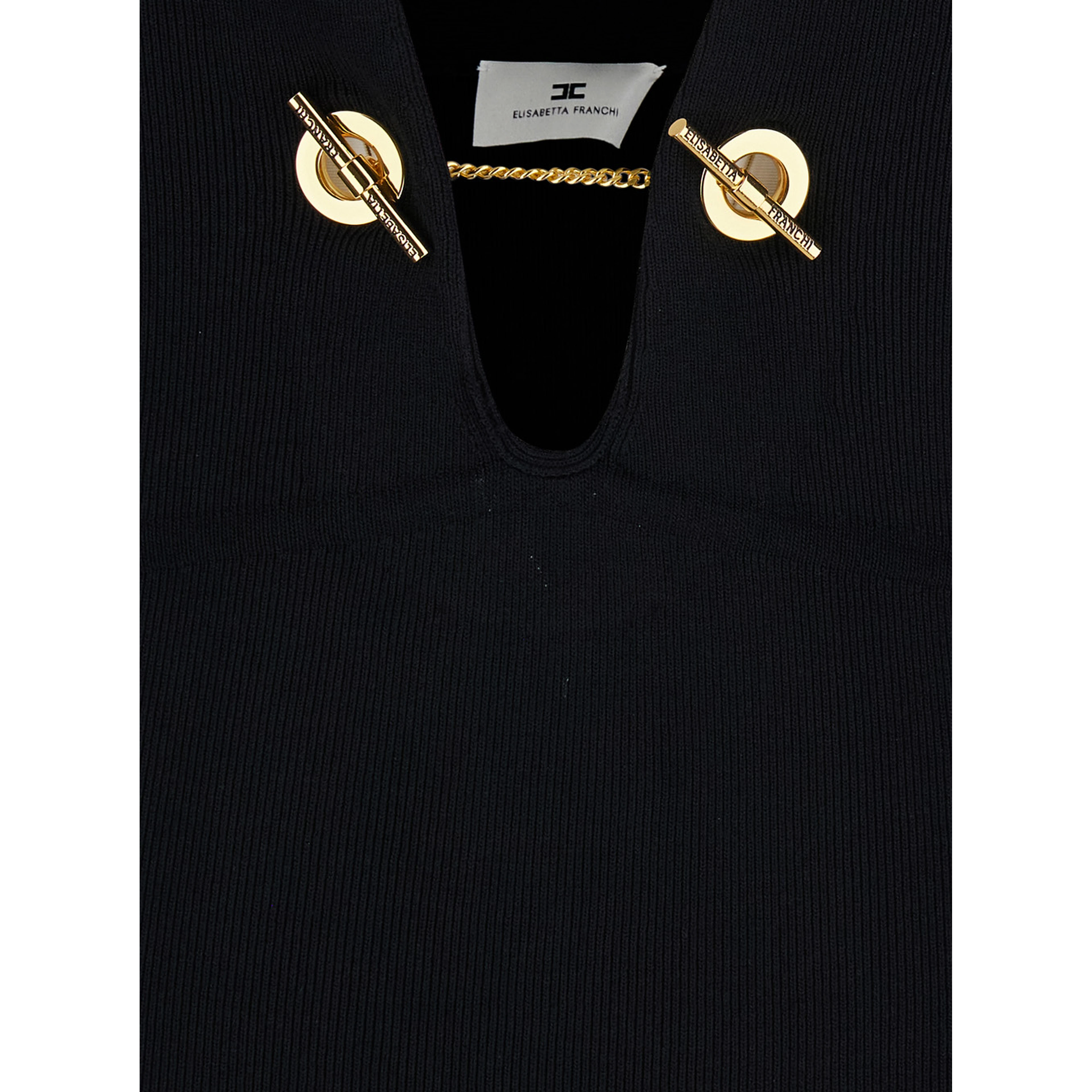 Black Long Dress with Deep V-Neck and Chain Detail on the Front in Viscose Blend Stretch for Women
