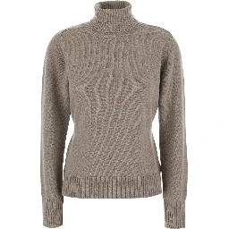 Beige High Neck Sweater with Adjustable Knot at the Back in Wool Women