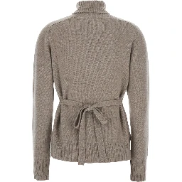 Beige High Neck Sweater with Adjustable Knot at the Back in Wool Women