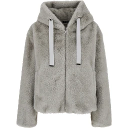 grey Shearling with zip closure and drawstring hood in eco-fur for women