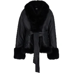 Black jacket with eco-fur inserts and waist belt in leather for women