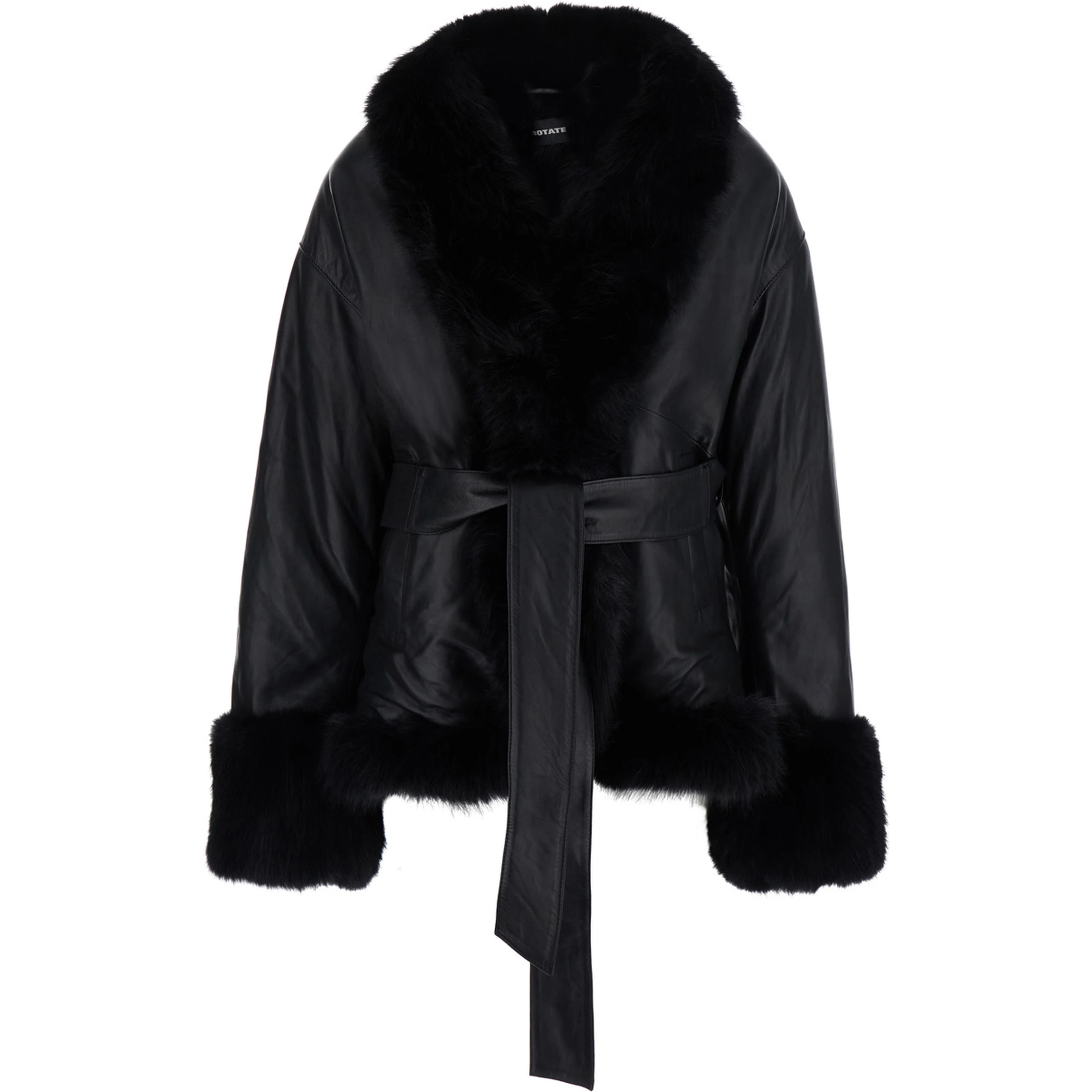 Black jacket with eco-fur inserts and waist belt in leather for women