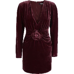 Bordeaux Mini dress with V-neck and floral detail on the front in velvet for women