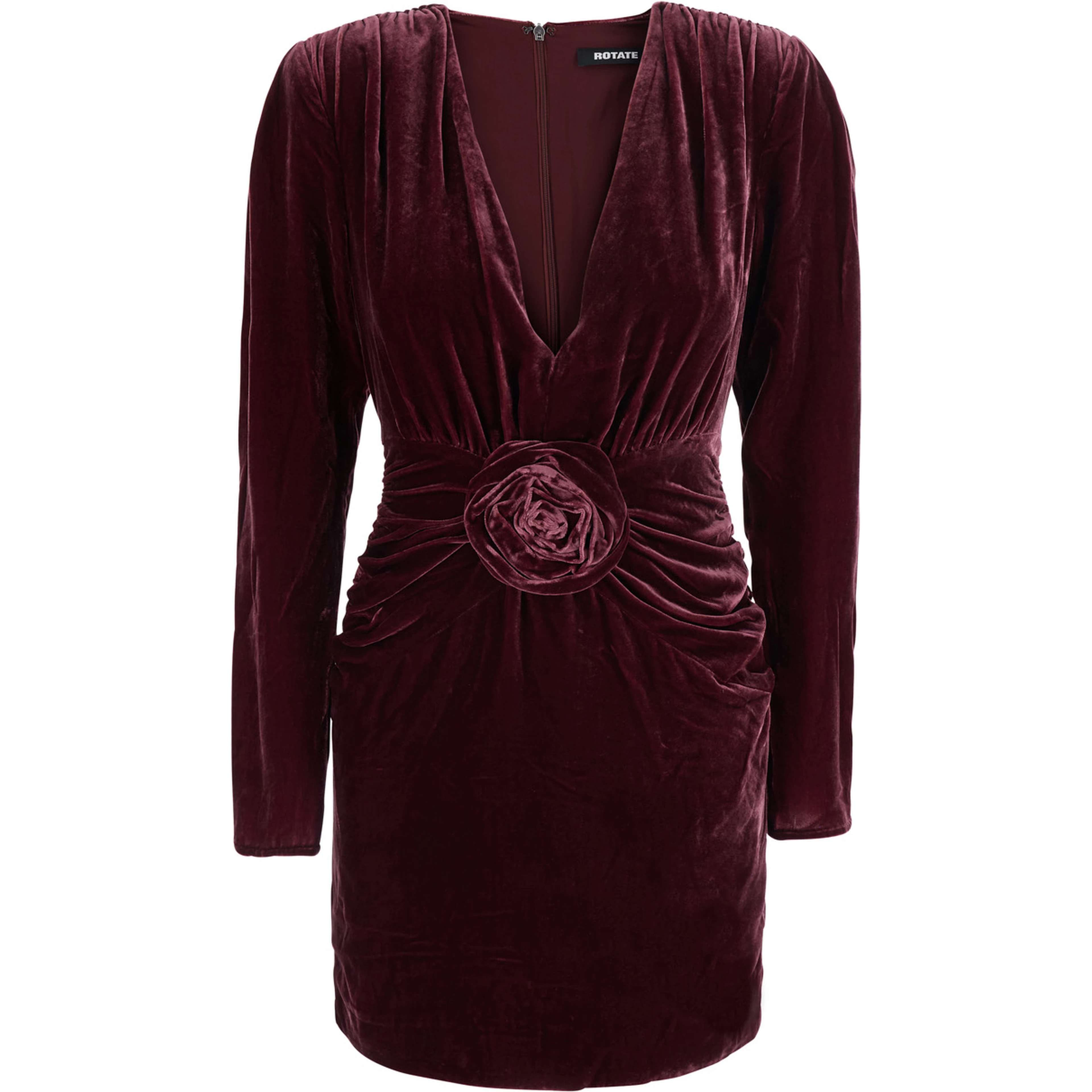 Bordeaux Mini dress with V-neck and floral detail on the front in velvet for women
