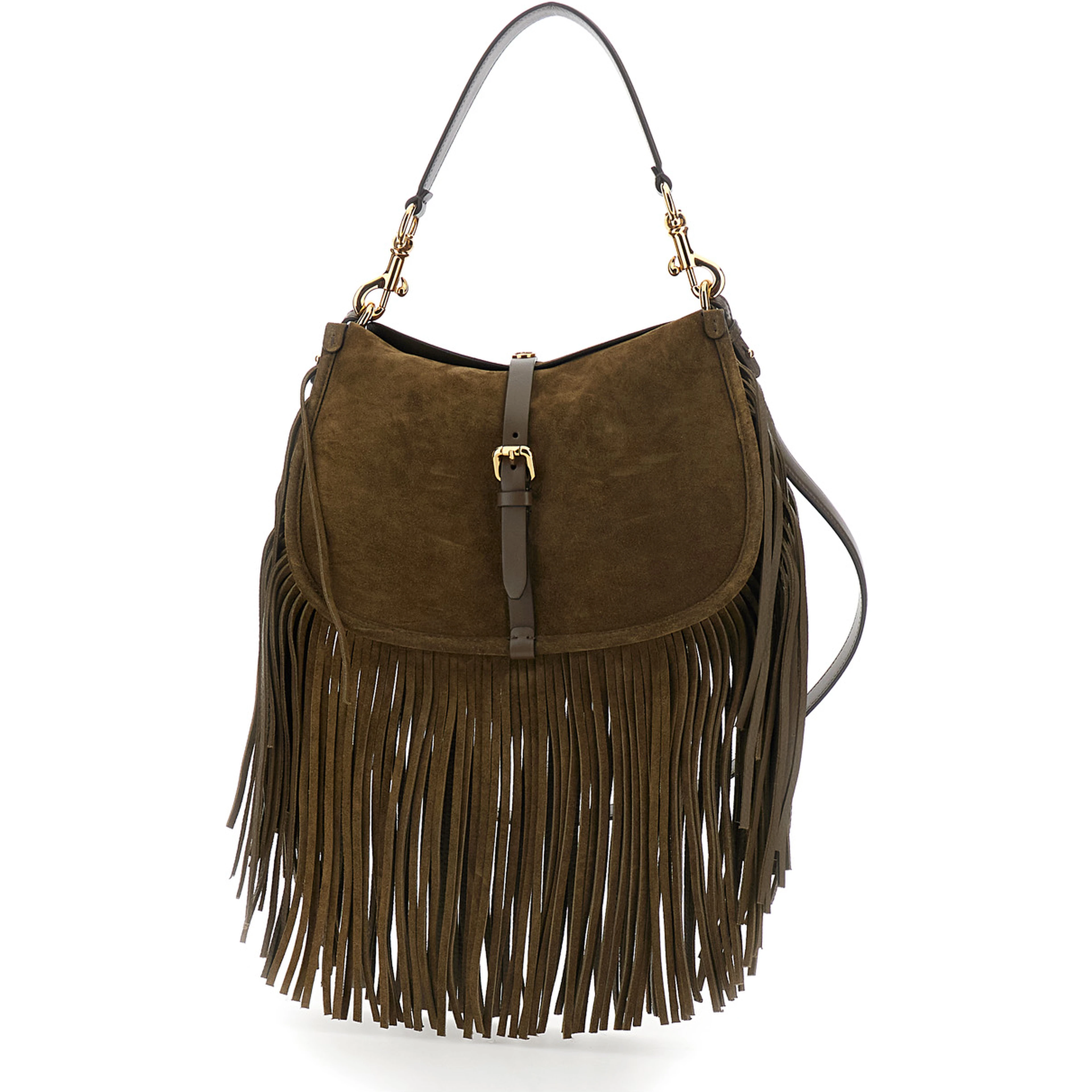 Pony Brown Shoulder bag with adjustable and removable shoulder strap and fringes in suede for women