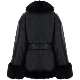 Black jacket with eco-fur inserts and waist belt in leather for women