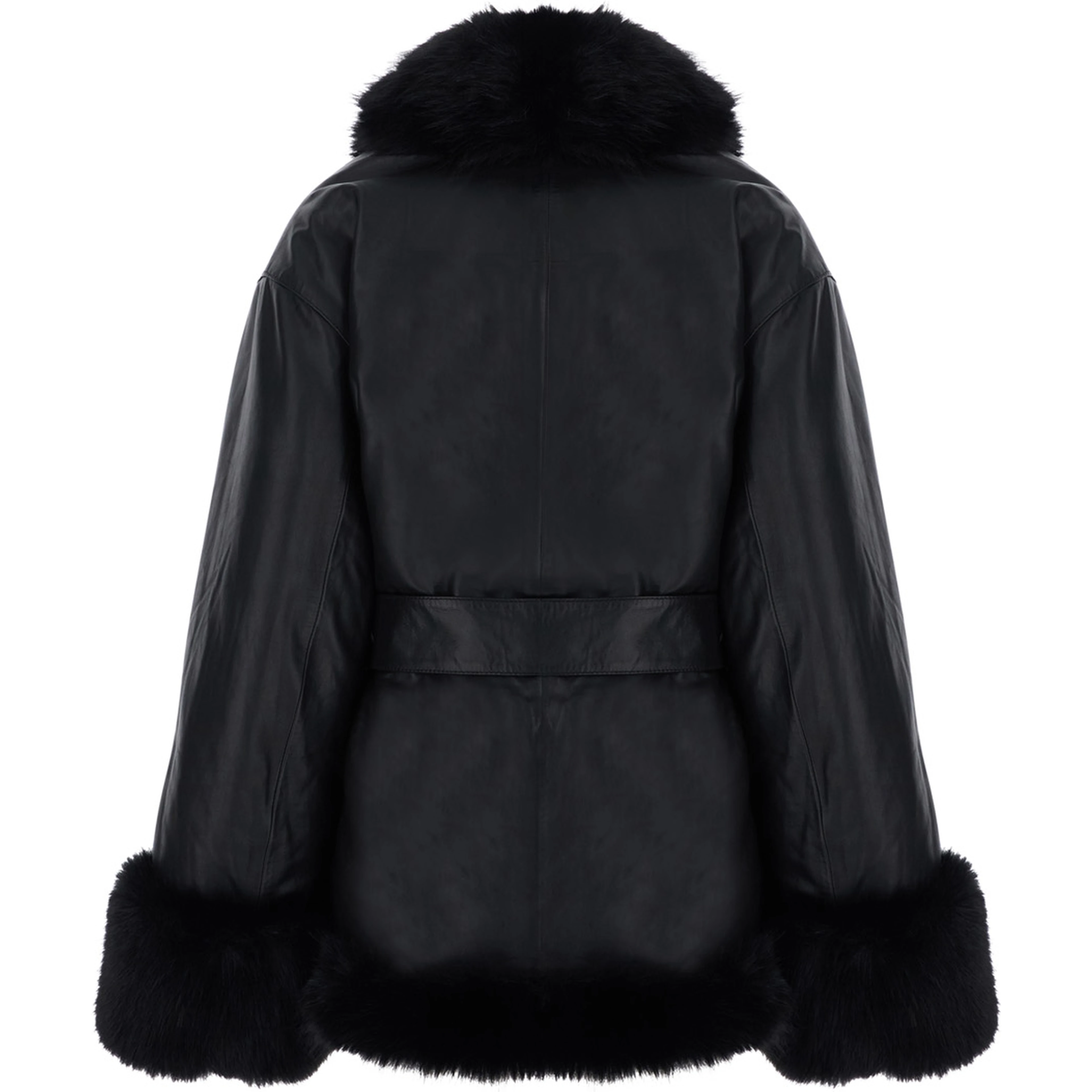 Black jacket with eco-fur inserts and waist belt in leather for women