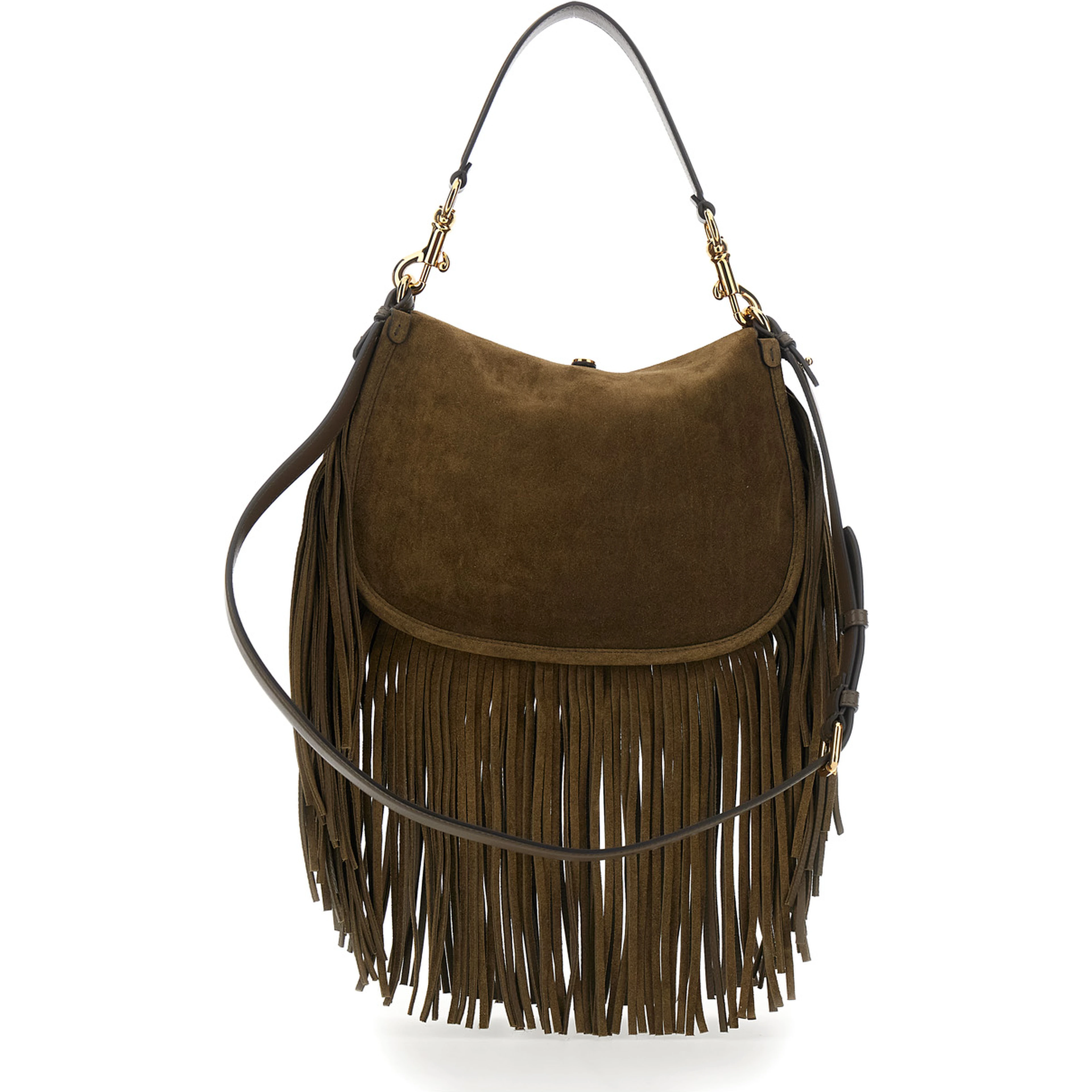 Pony Brown Shoulder bag with adjustable and removable shoulder strap and fringes in suede for women