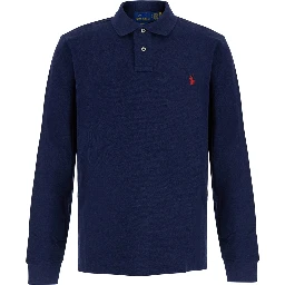 Blue Long-sleeve Polo Shirt with Pony on the front in cotton Blend for men