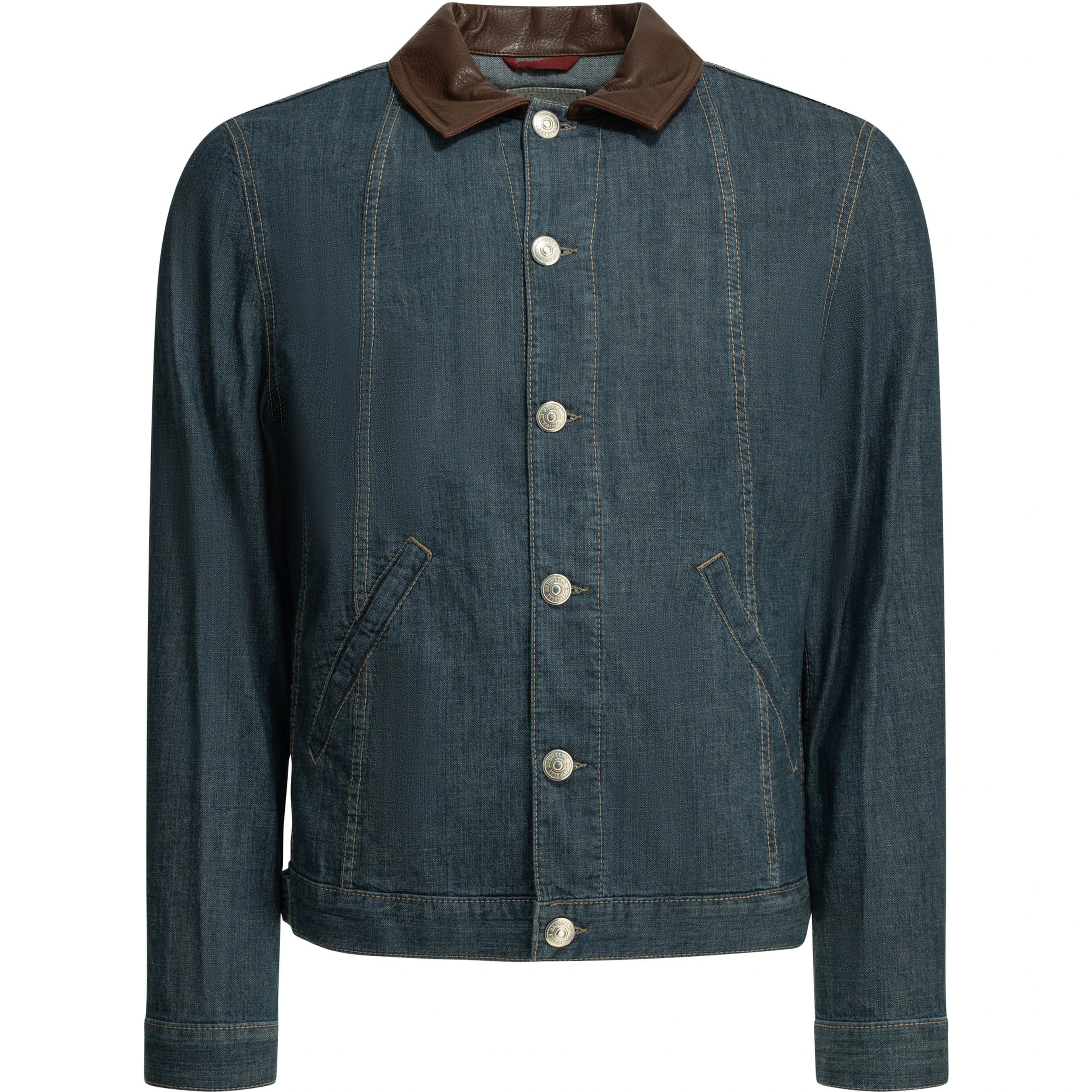 Denim jacket with leather collar