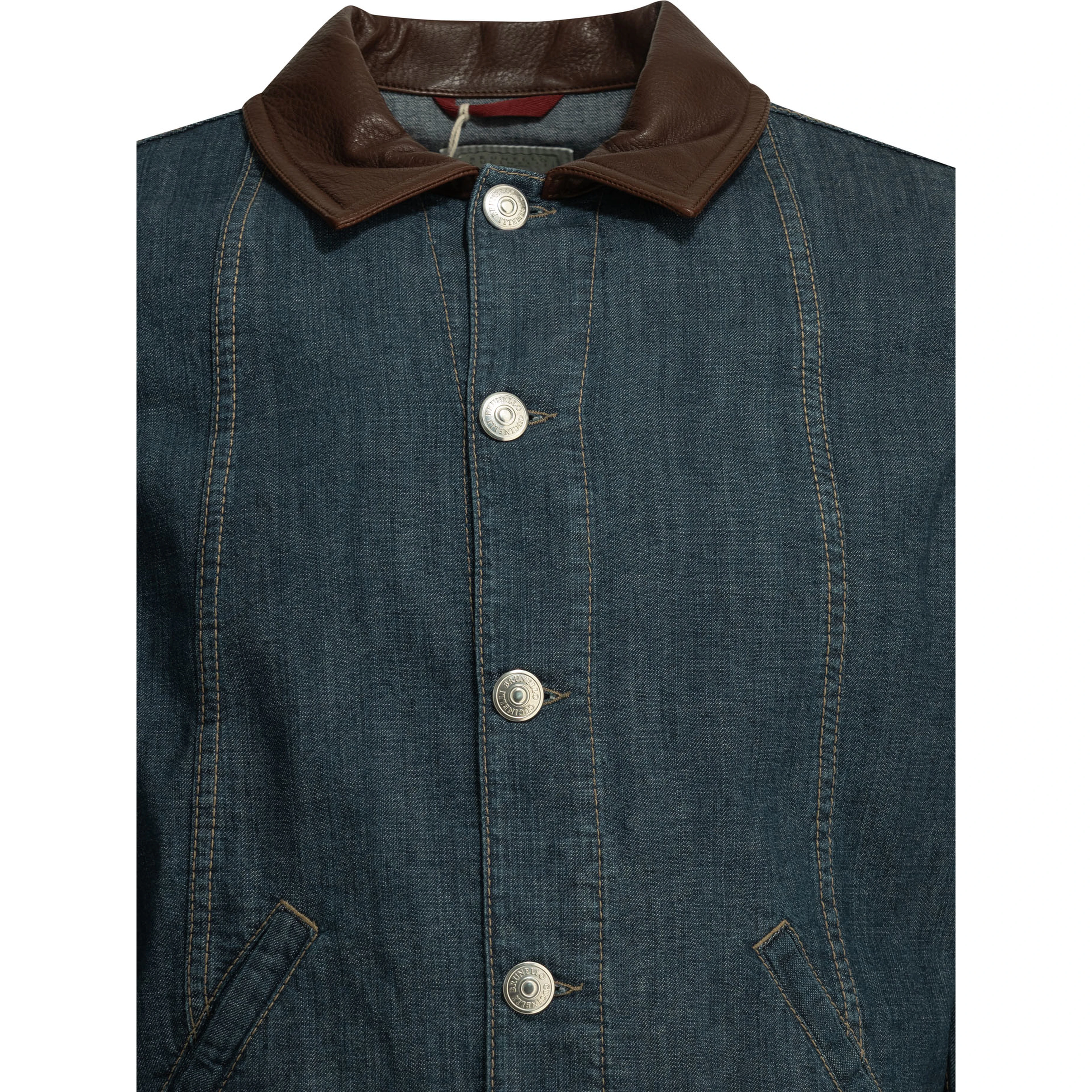 Denim jacket with leather collar