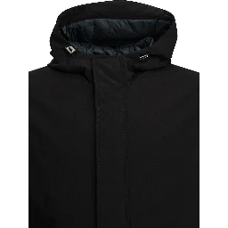 Long down jacket in stretch twill