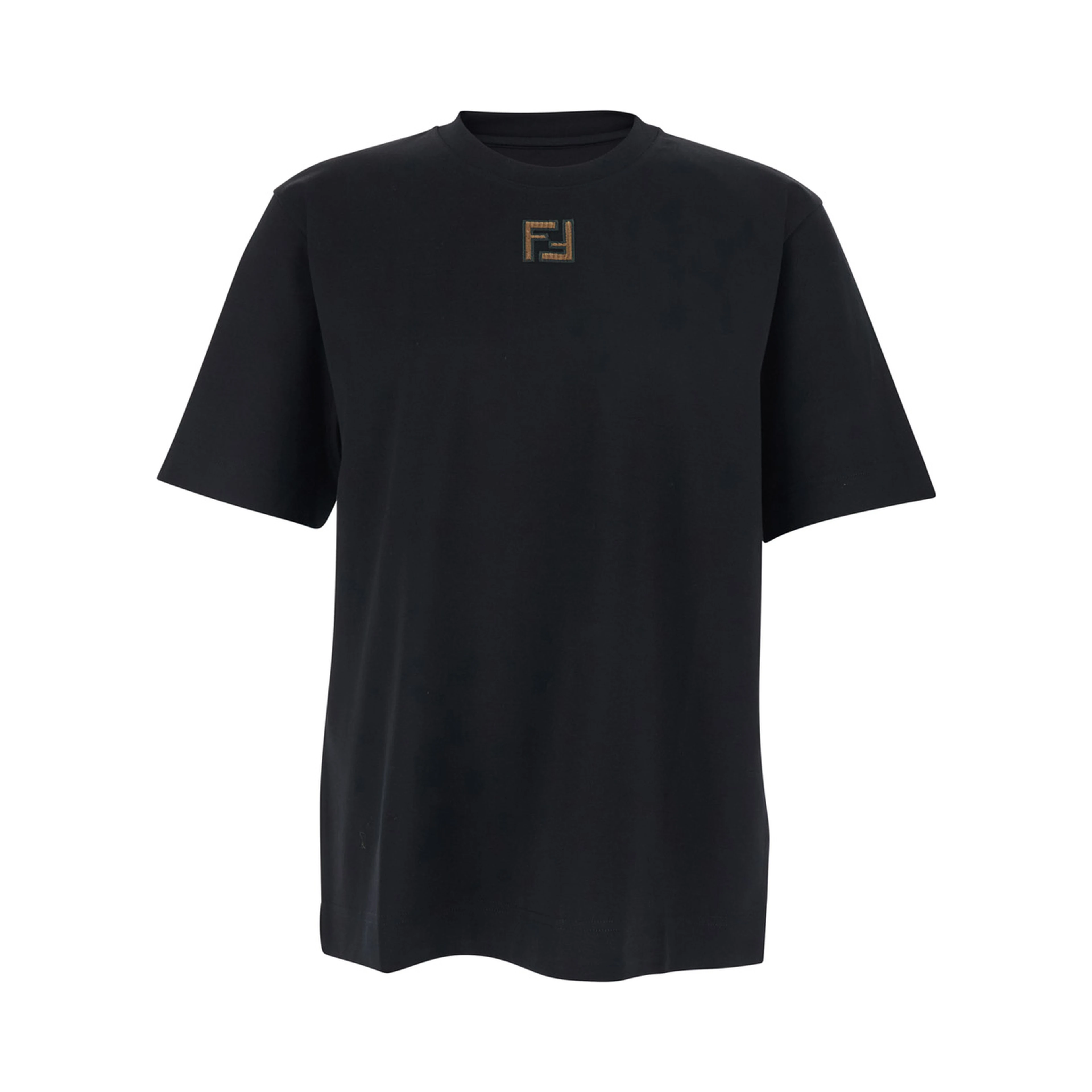 Black Crewneck T-Shirt with FF Embroidery on the Front in Cotton Man