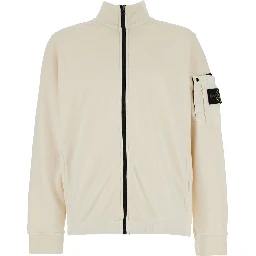 White High Neck Sweatshirt with Applied Pocket on Sleeve and Logo Patch on Sleeve in Cotton for Men