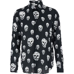 Black Pointed Collar Shirt with All-Over Skull Print for Men