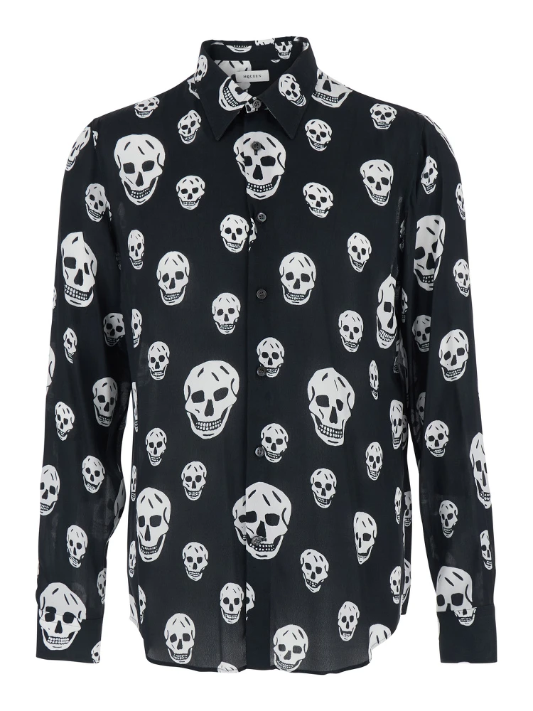 Black Pointed Collar Shirt with All-Over Skull Print for Men