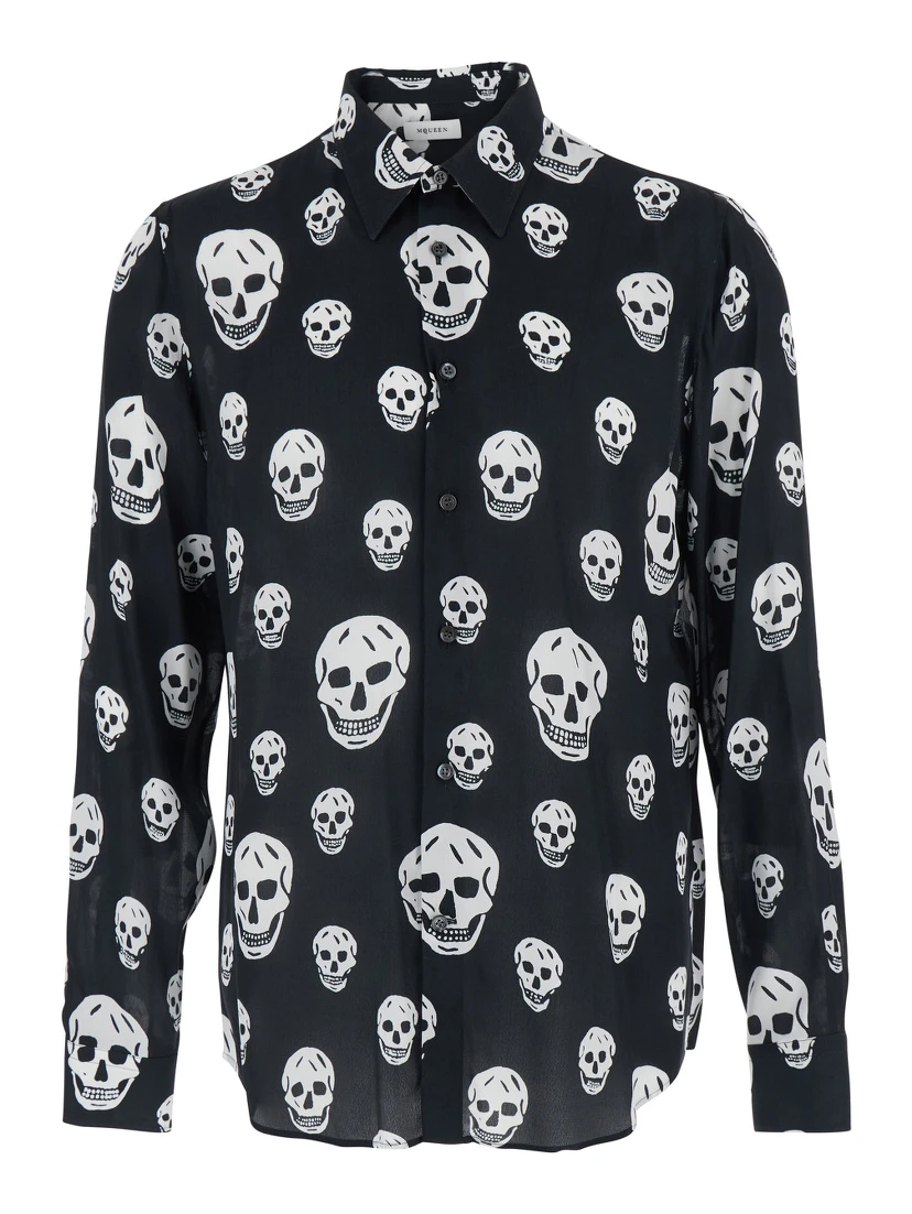 Black Pointed Collar Shirt with All-Over Skull Print for Men