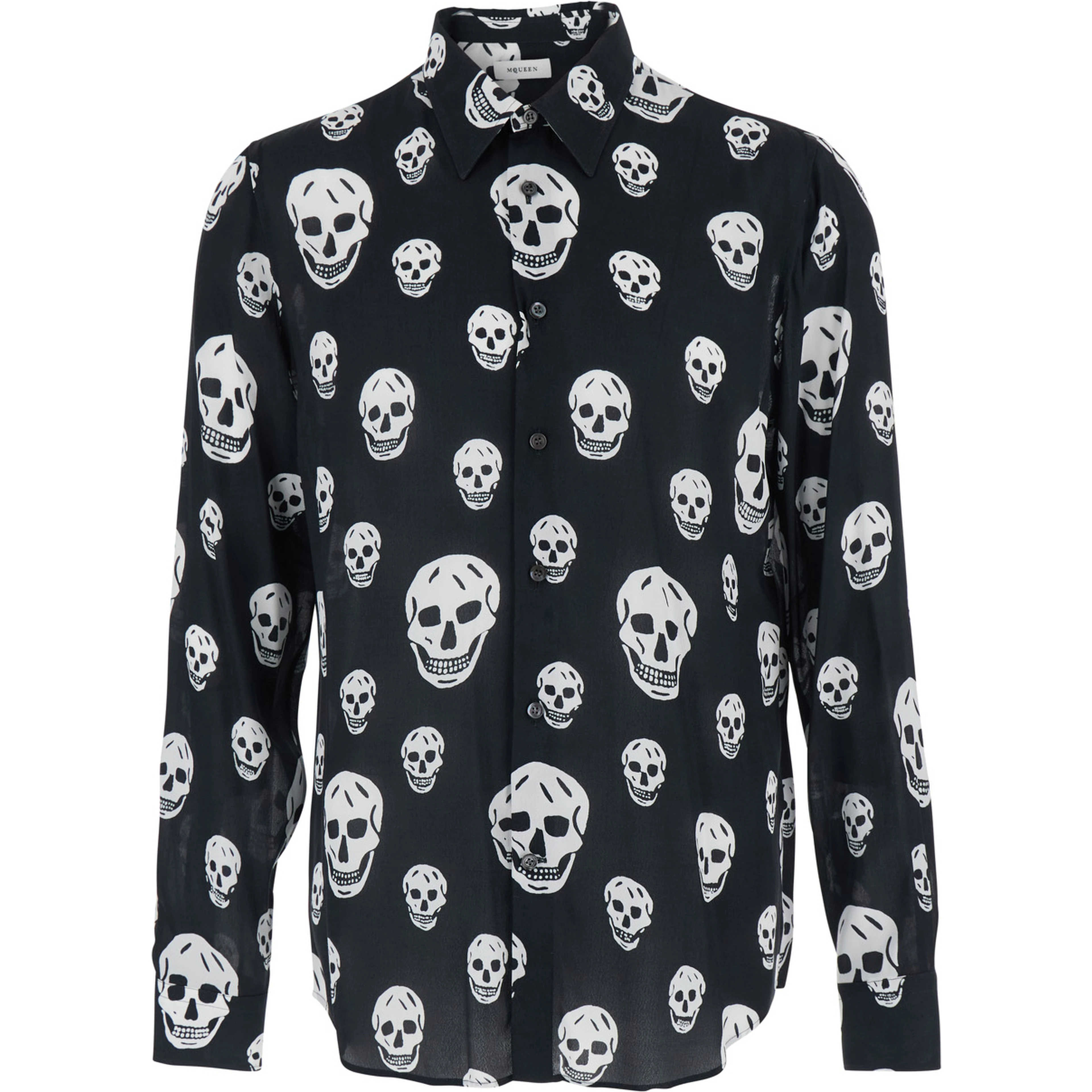Black Pointed Collar Shirt with All-Over Skull Print for Men