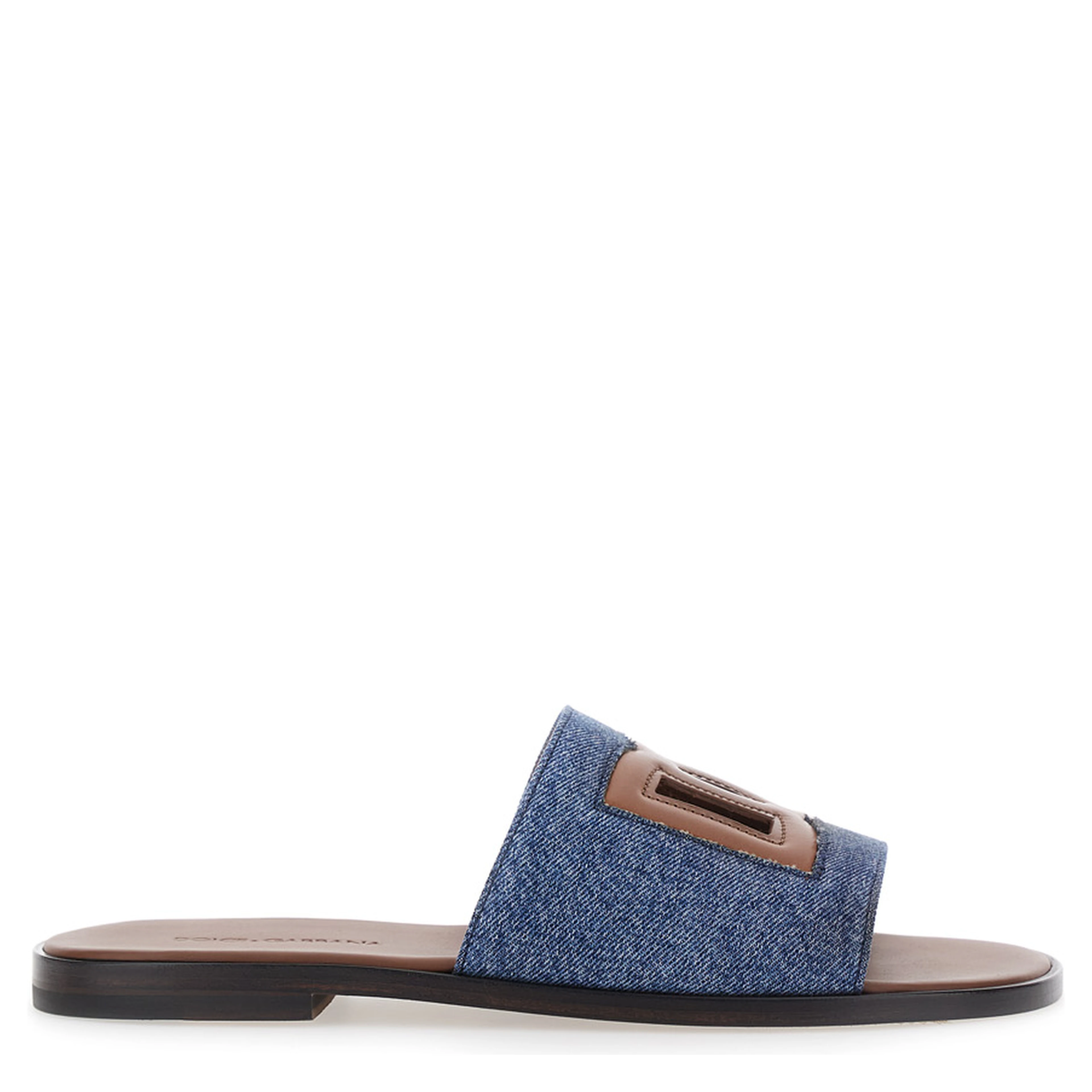 Brown Sandals with Cut-Out Logo and Denim Strap in Leather for Men