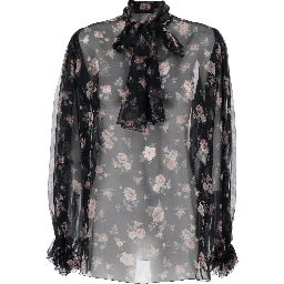 Black Floral Print Blouse with Front Knot in Chiffon for Women