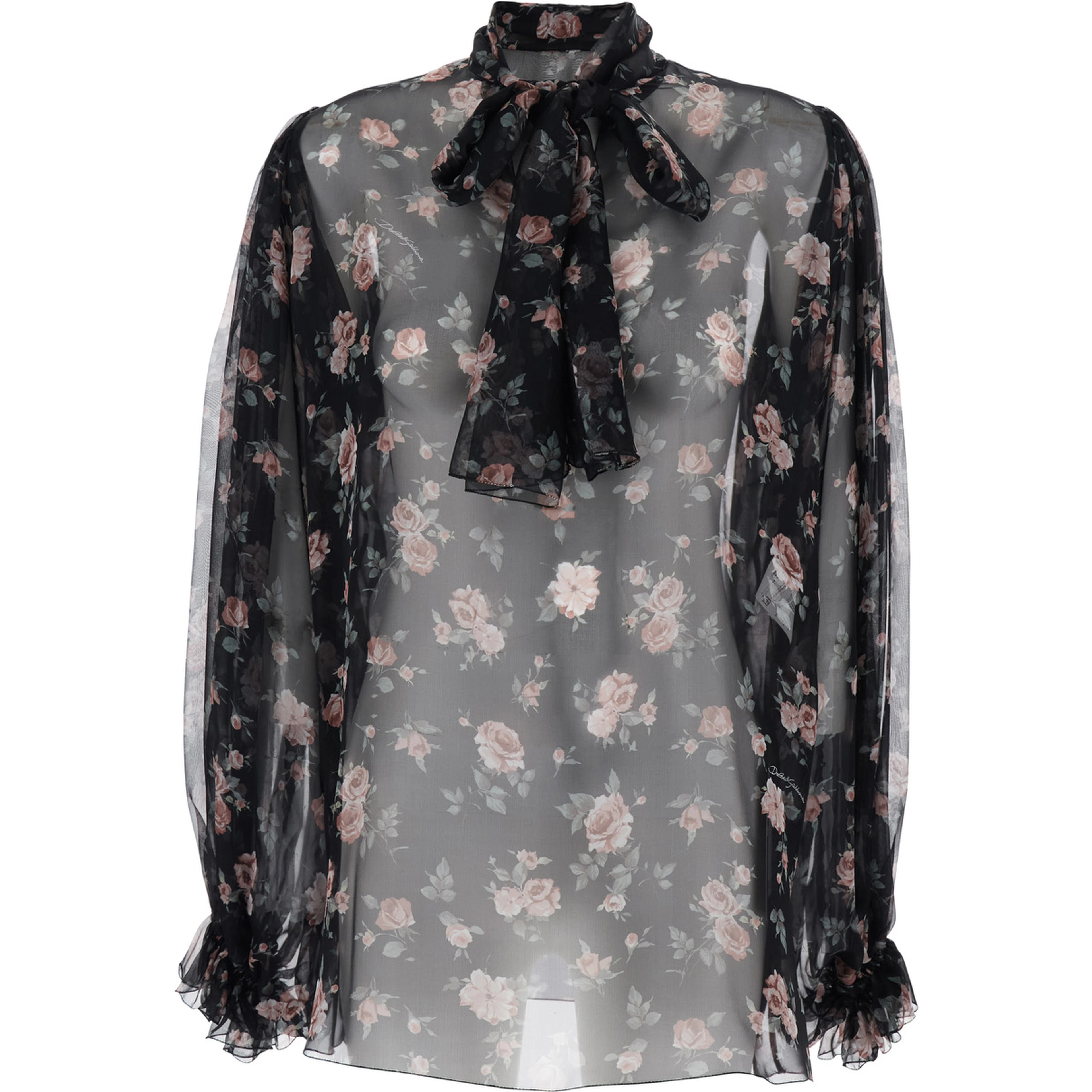 Black Floral Print Blouse with Front Knot in Chiffon for Women