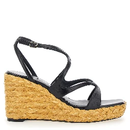 Ayla Black Wedges with Leather Ankle Strap and High Heel in Leather and Fabric Woman