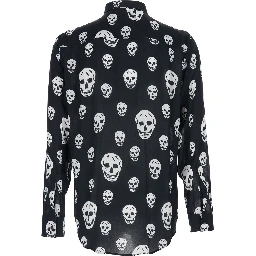 Black Pointed Collar Shirt with All-Over Skull Print for Men