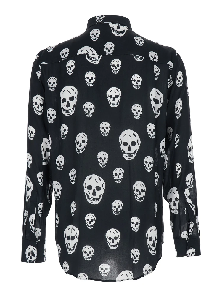 Black Pointed Collar Shirt with All-Over Skull Print for Men alternative