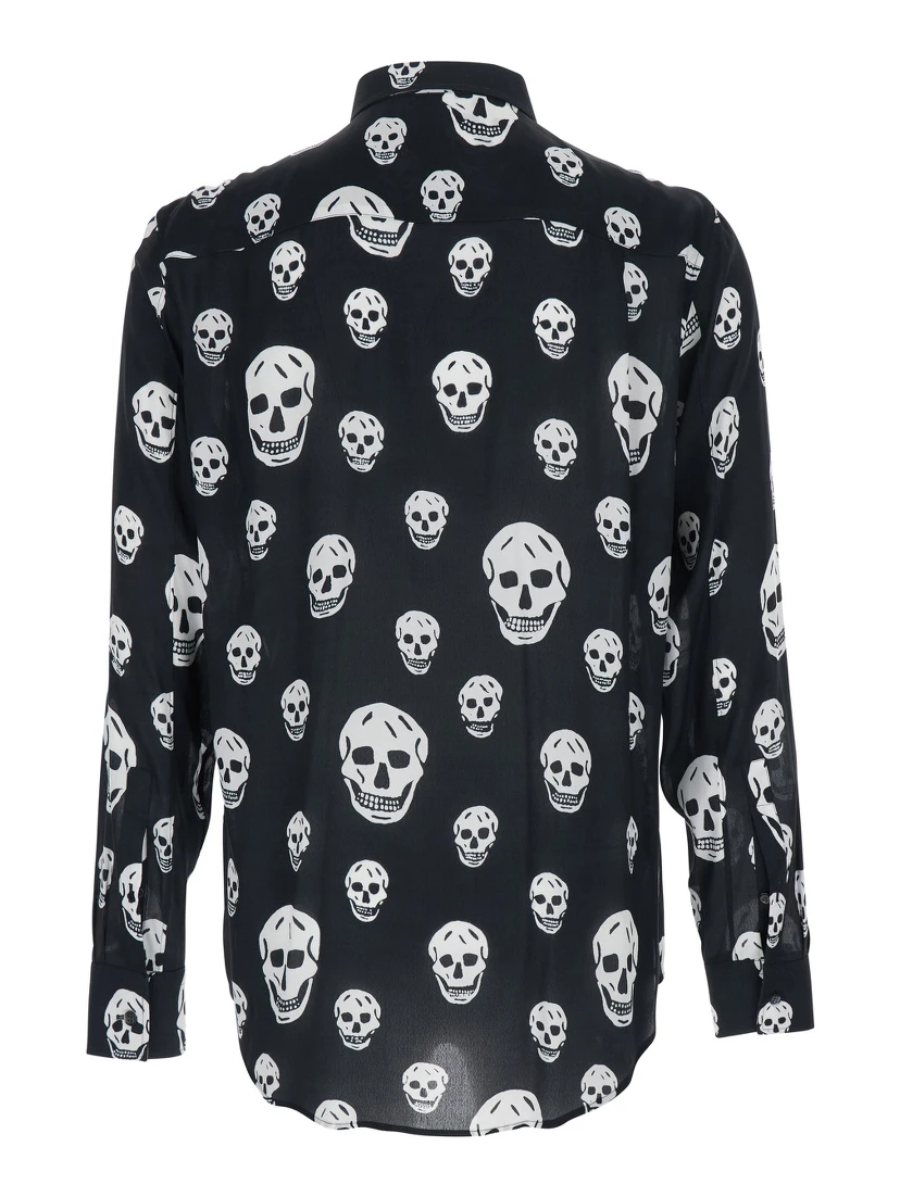 Black Pointed Collar Shirt with All-Over Skull Print for Men