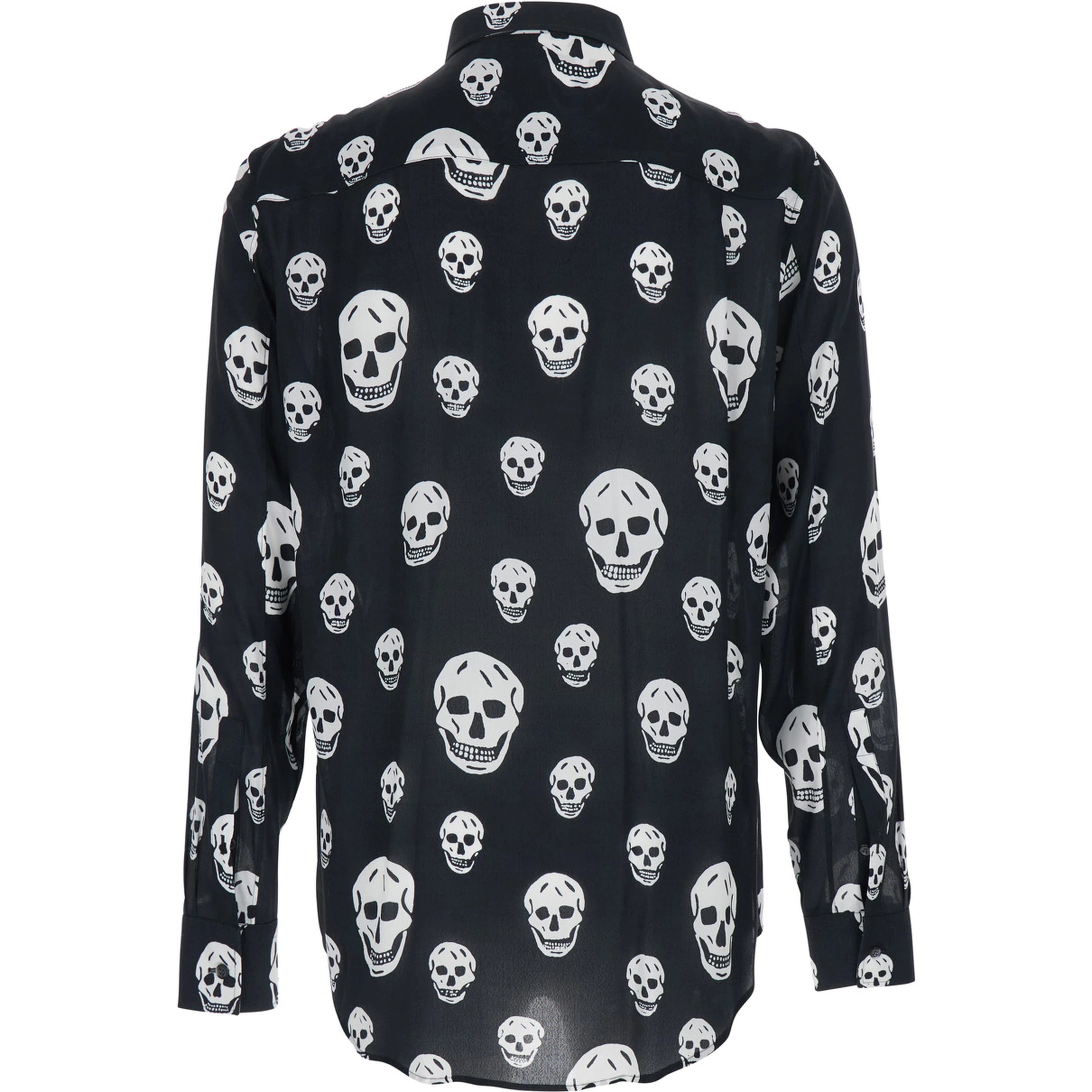 Black Pointed Collar Shirt with All-Over Skull Print for Men
