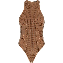 One-Piece Swimsuit with Racerback and Striped Sequins in Stretch Tech Fabric Brown Women