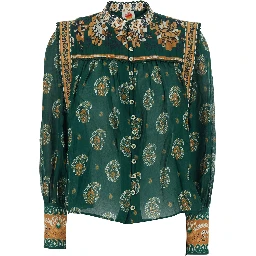 Ayla Green Blouse with Button Cuffs and All-Over Floral Motif in Cotton for Women