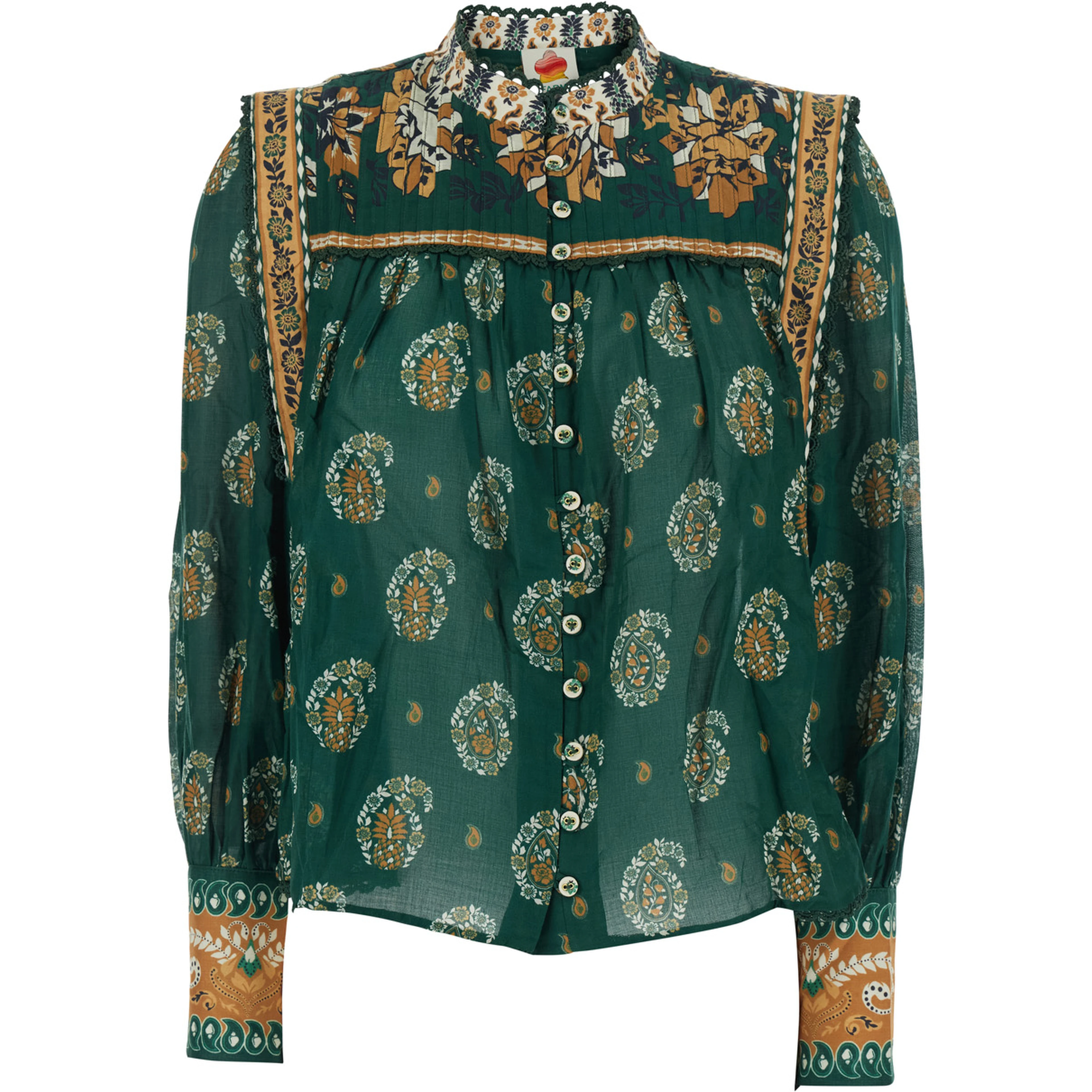 Ayla Green Blouse with Button Cuffs and All-Over Floral Motif in Cotton for Women