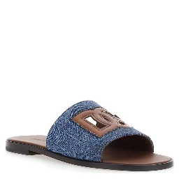 Brown Sandals with Cut-Out Logo and Denim Strap in Leather for Men