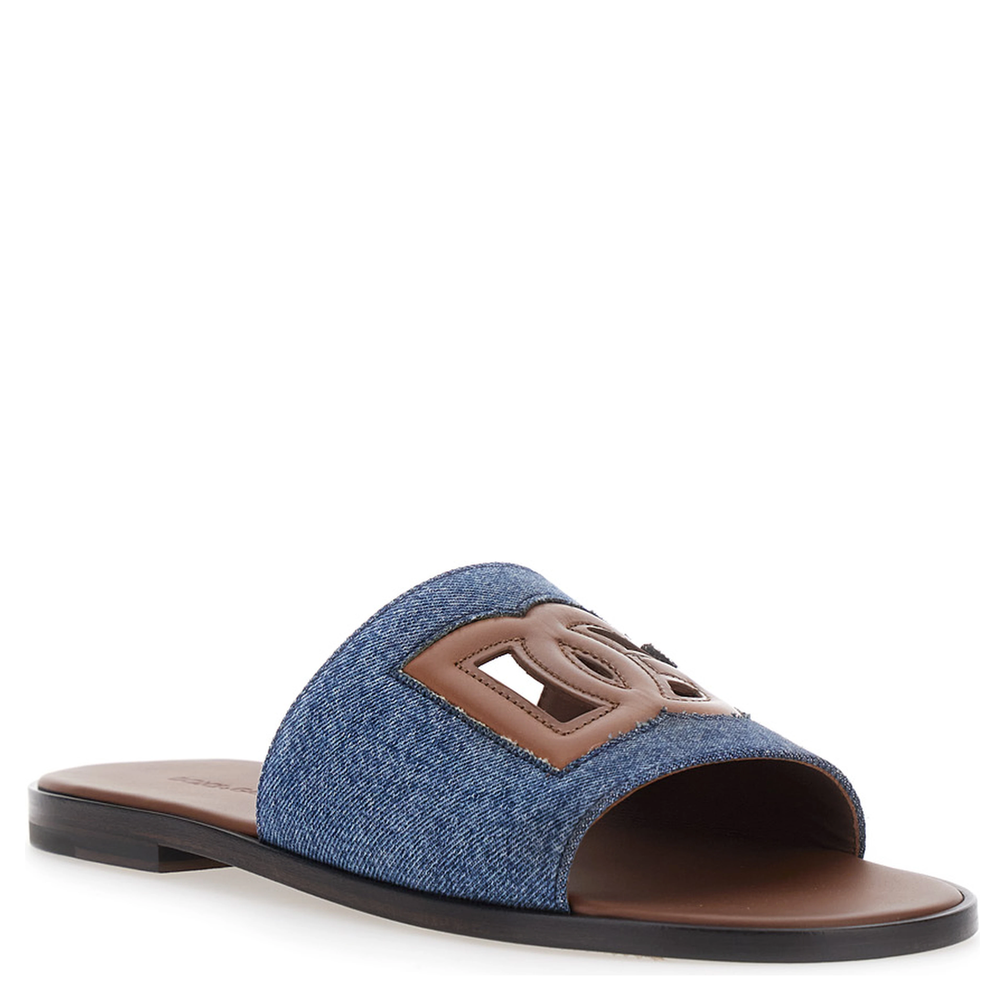 Brown Sandals with Cut-Out Logo and Denim Strap in Leather for Men