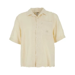 Beige Shirt with Logo Print on the Front in Linen Man