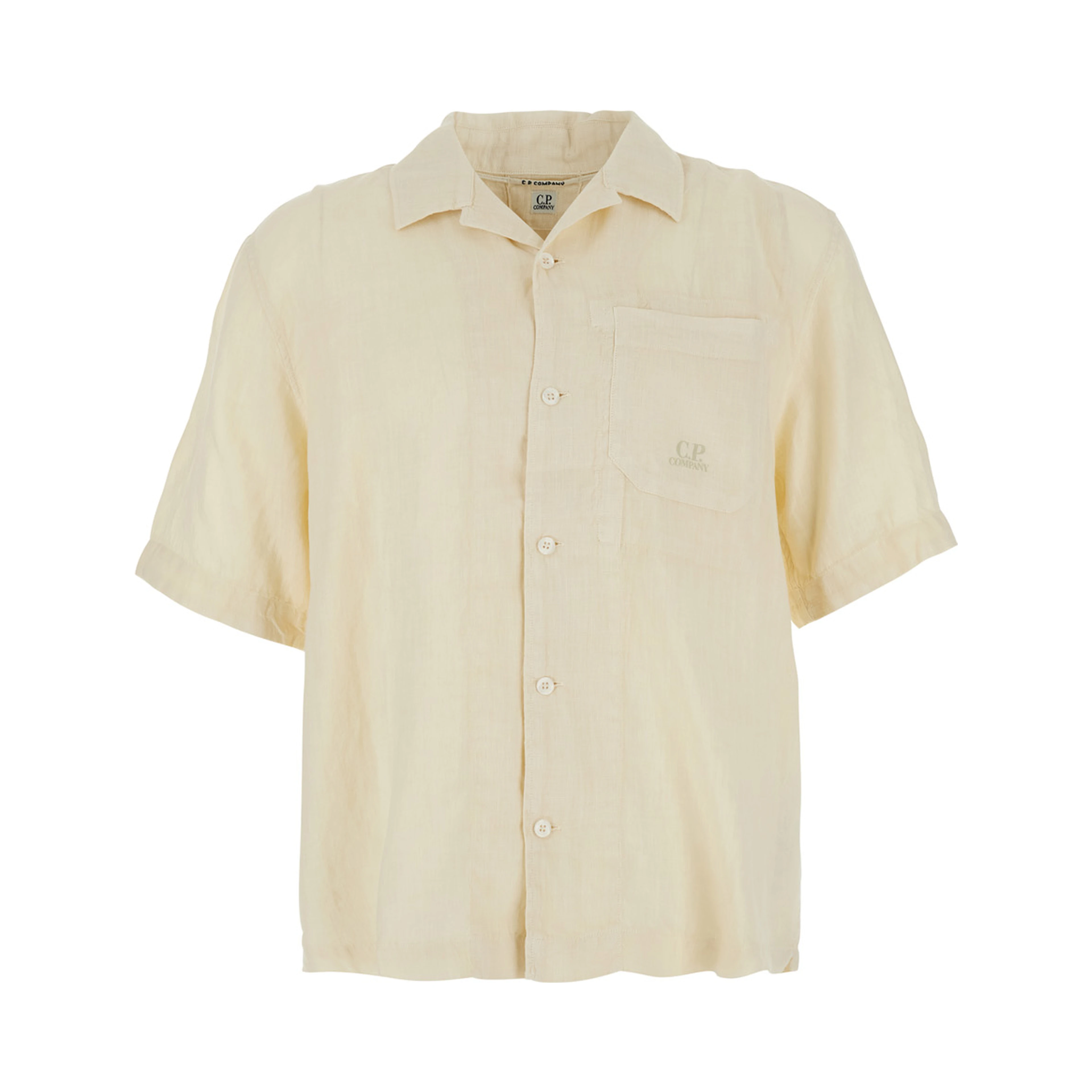 Beige Shirt with Logo Print on the Front in Linen Man